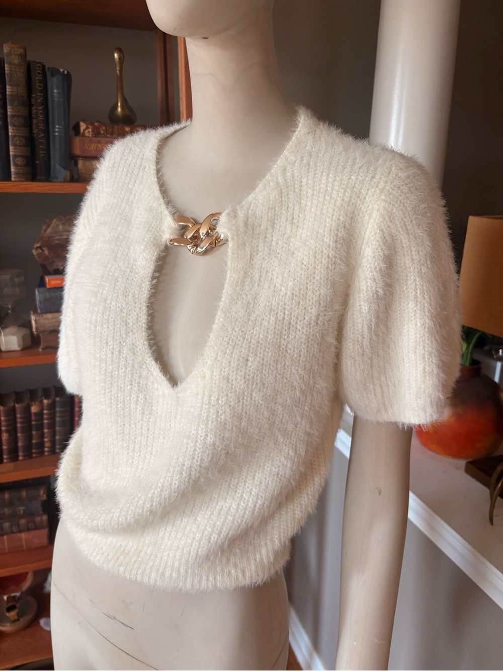 Fore Ivory V-Neck Short-Sleeve Sweater with Gold Chain Accent
